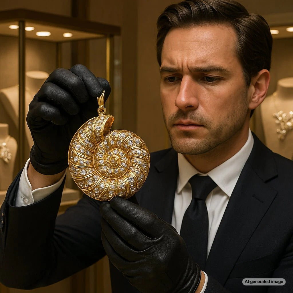 Elegant gold spiral shell pendant necklace on a black background, showcasing nature-inspired jewelry design