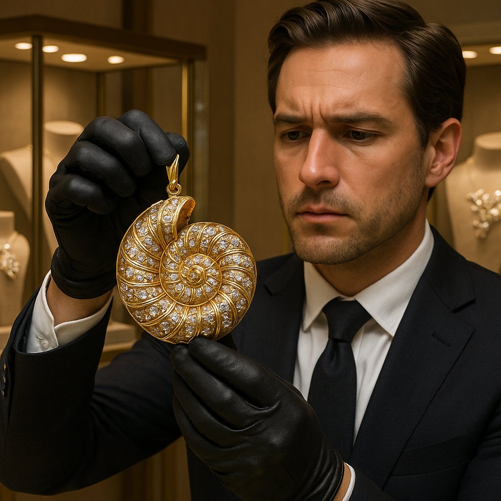 Elegant gold spiral shell pendant necklace on a black background, showcasing nature-inspired jewelry design