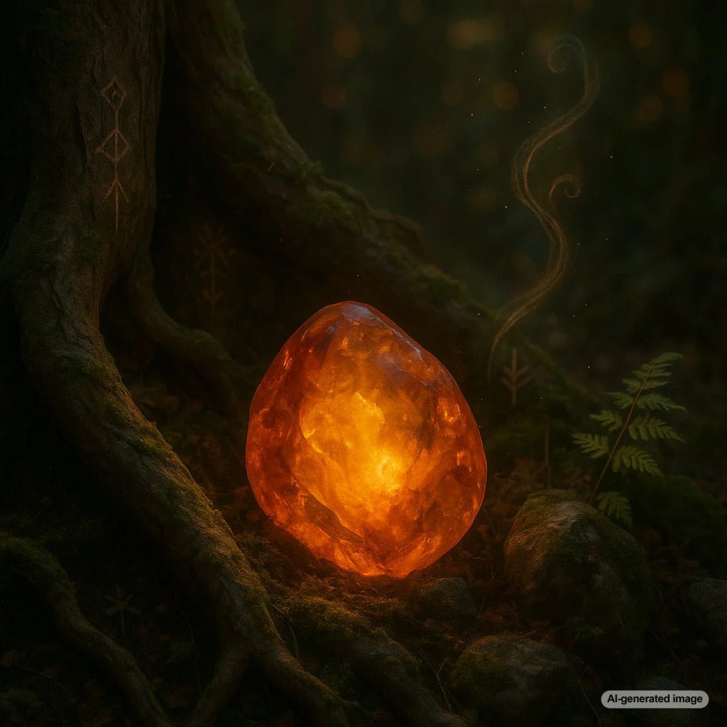 Close-up of glowing amber jewelry pieces showcasing warm honey tones and natural inclusions
