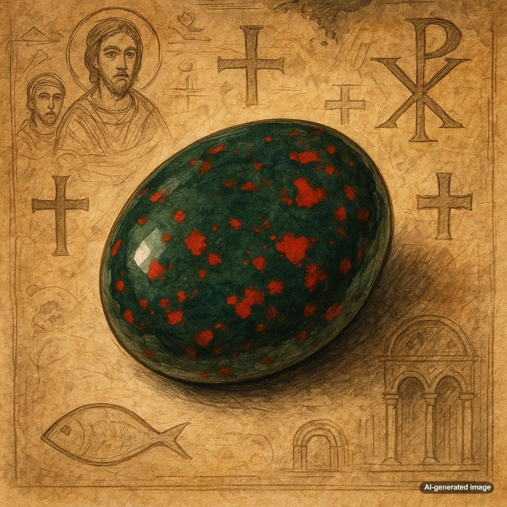 Close-up of bloodstone gemstone showing deep green color with striking red speckles, set in elegant gold jewelry