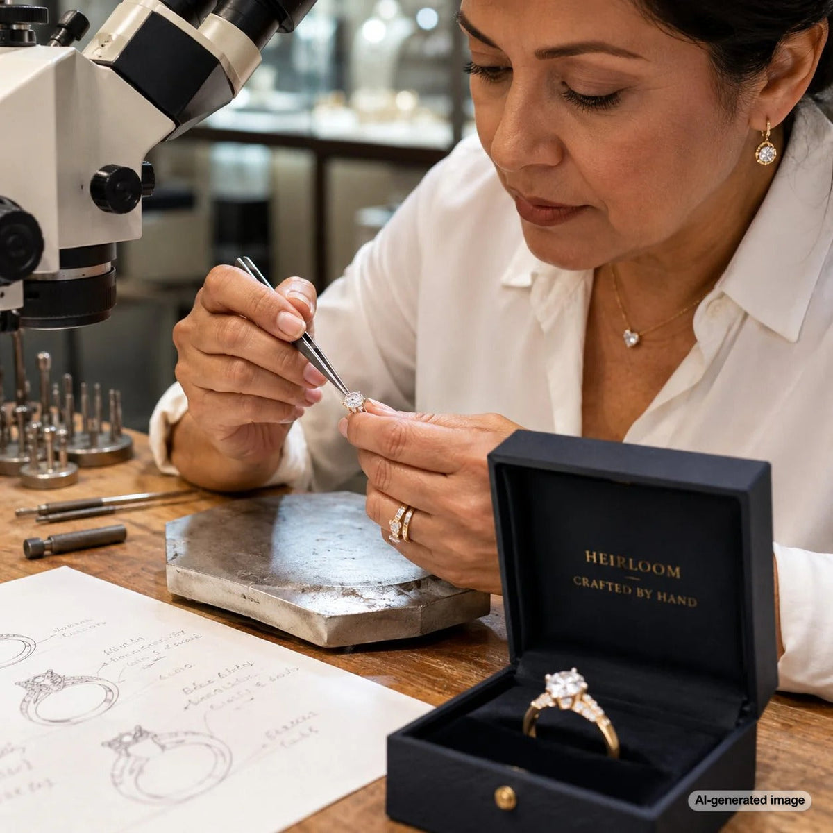 Close up of a jeweler's hands hand-fabricating a gold ring with tools on a workbench, symbolizing heirloom quality craftsmanship.