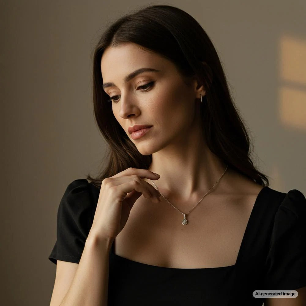 A woman touching her elegant necklace, showcasing delicate jewelry and thoughtful expression.