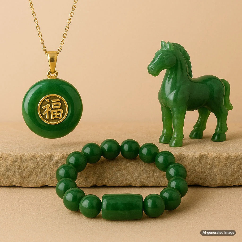 Luxurious jade jewelry pieces showcasing vibrant green stones in elegant gold settings