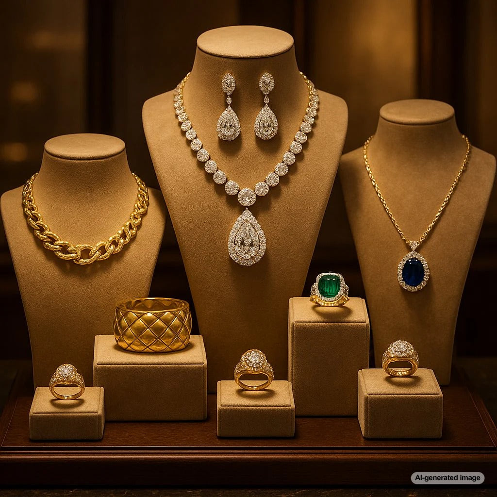 Assorted jewelry pieces including rings, necklaces and bracelets arranged elegantly