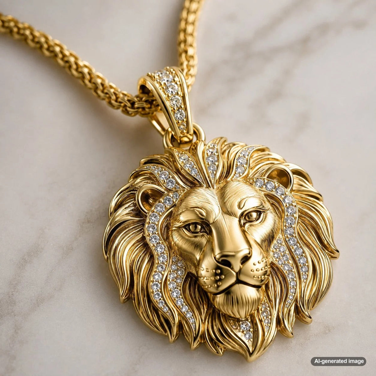 Gold lion jewelry on a dark background, showcasing a lion head ring and pendant