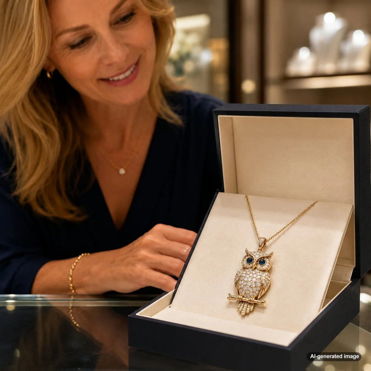 A stunning collection of owl jewelry symbolizing wisdom, mystery, and protection, beautifully displayed at Robinson's Jewelers.