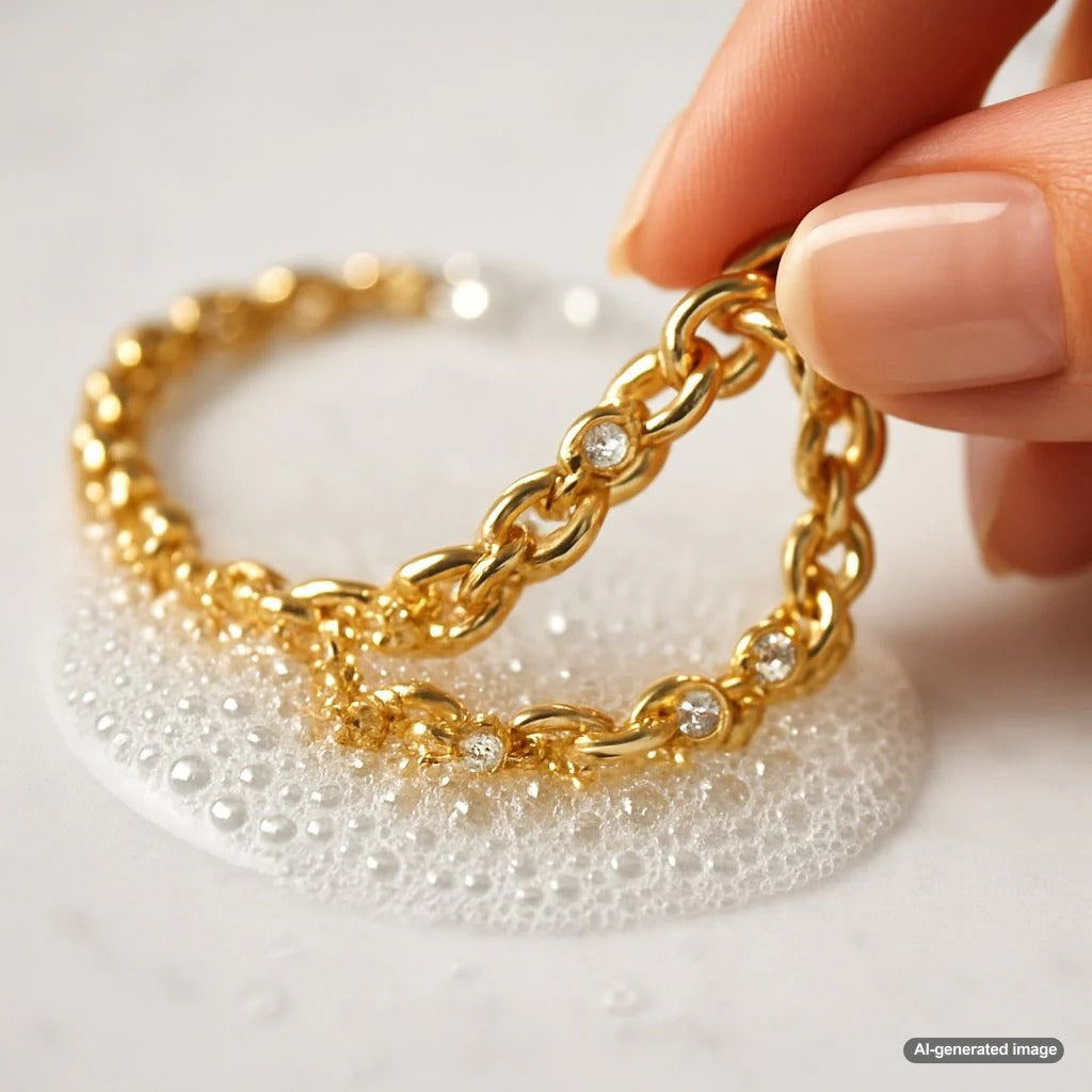Gold jewelry reacting to hydrogen peroxide with cleaning tools in background