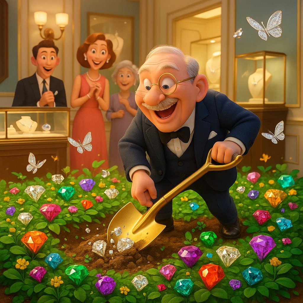 A sparkling gold necklace resting on a bed of smooth river stones with clear water and natural greenery in the background