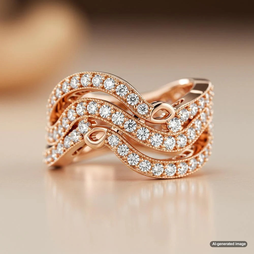 A collection of elegant rose gold jewelry, including rings, bracelets, and necklaces, showcasing the warm and romantic hue of the metal.