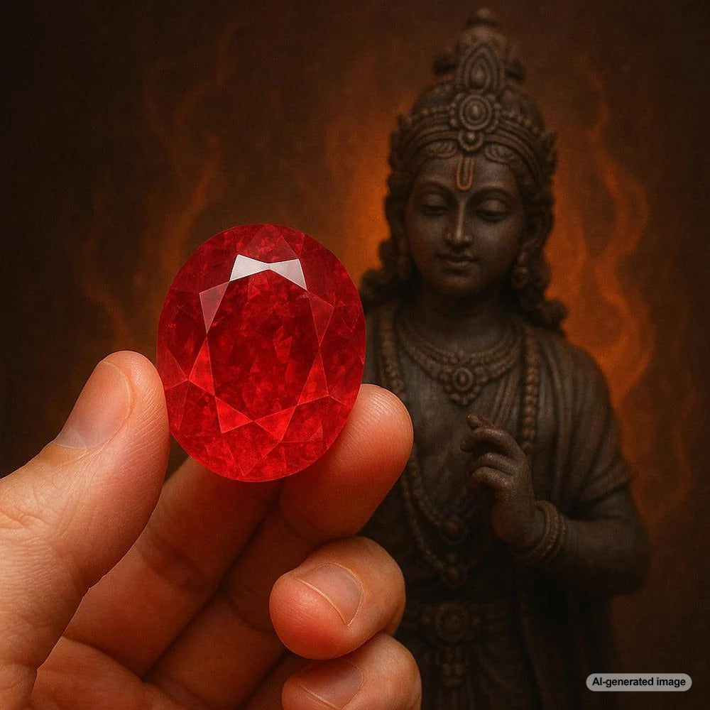 Close-up of a stunning ruby gemstone in traditional Hindu jewelry setting