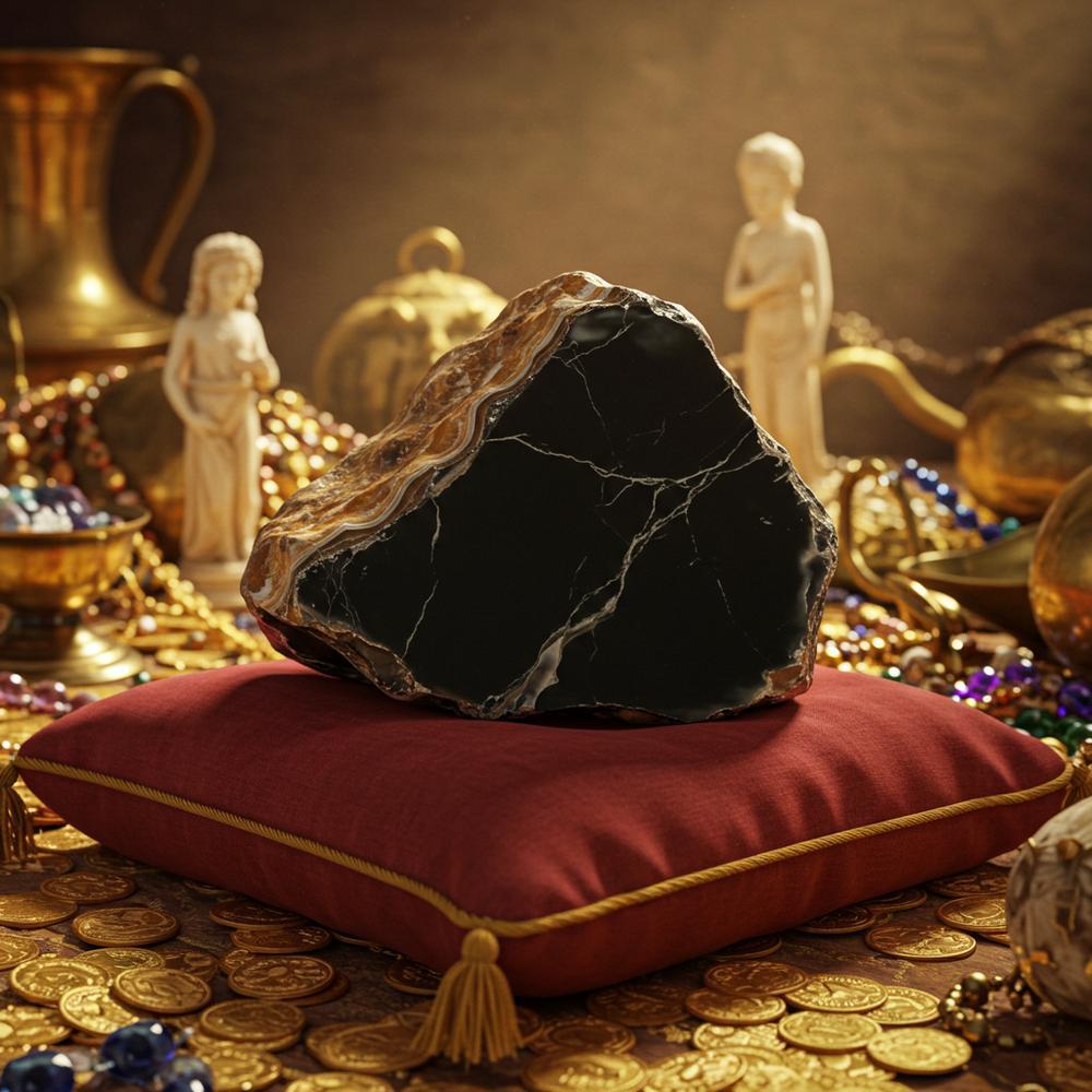 A stunning black onyx gemstone set in a gold ring, symbolizing strength and biblical significance.