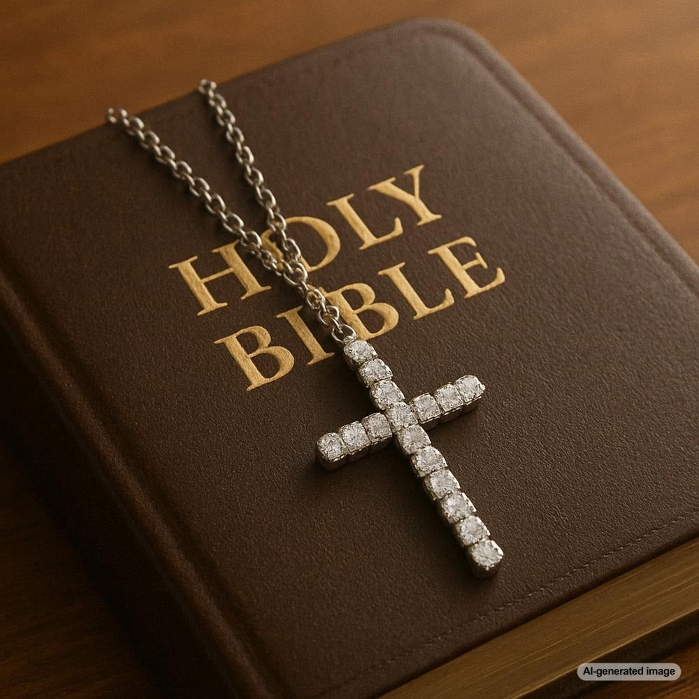 Elegant diamond cross necklace on display at Robinson's Jewelers