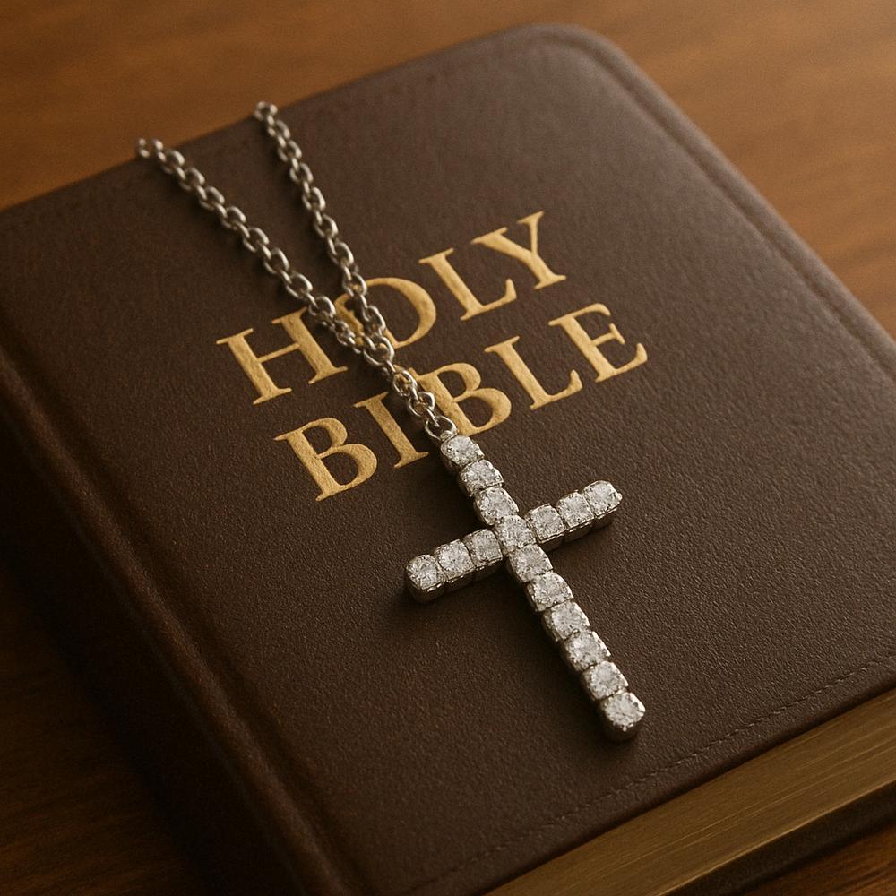 Elegant diamond cross necklace on display at Robinson's Jewelers