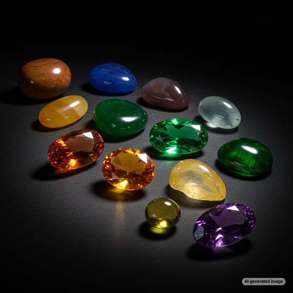 A stunning arrangement of biblical gemstones, including jasper, sapphire, and amethyst, symbolizing the foundations of the New Jerusalem.