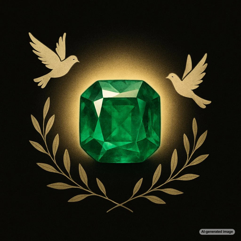 Luxurious emerald gemstone jewelry with deep green hues, symbolizing faith and divine beauty