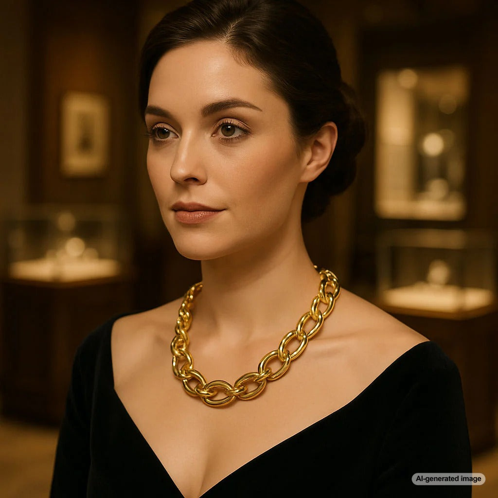 An elegant assortment of gold and silver chain necklaces displayed at Robinson's Jewelers
