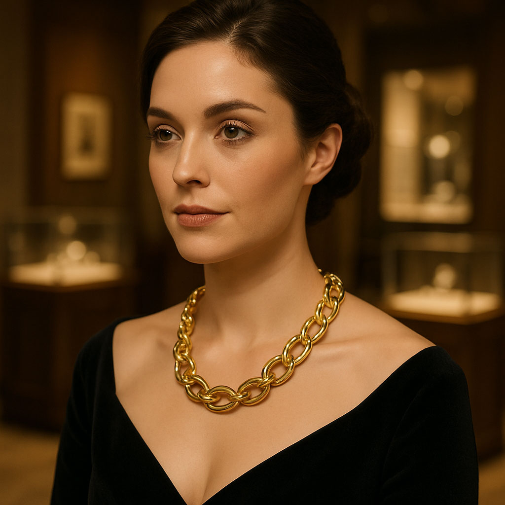 An elegant assortment of gold and silver chain necklaces displayed at Robinson's Jewelers