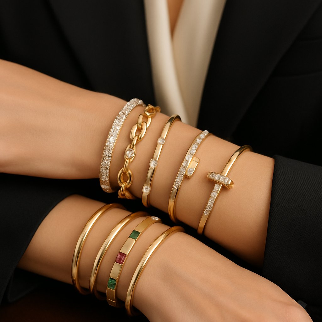 Stylish woman wearing multiple stacked bracelets in gold, silver, and gemstones