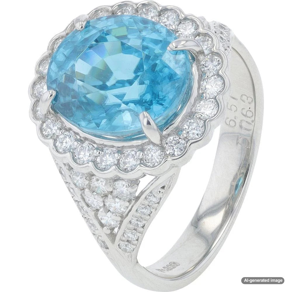 Vintage blue zircon ring with intricate filigree setting, showcasing the gemstone's brilliance and historical significance.