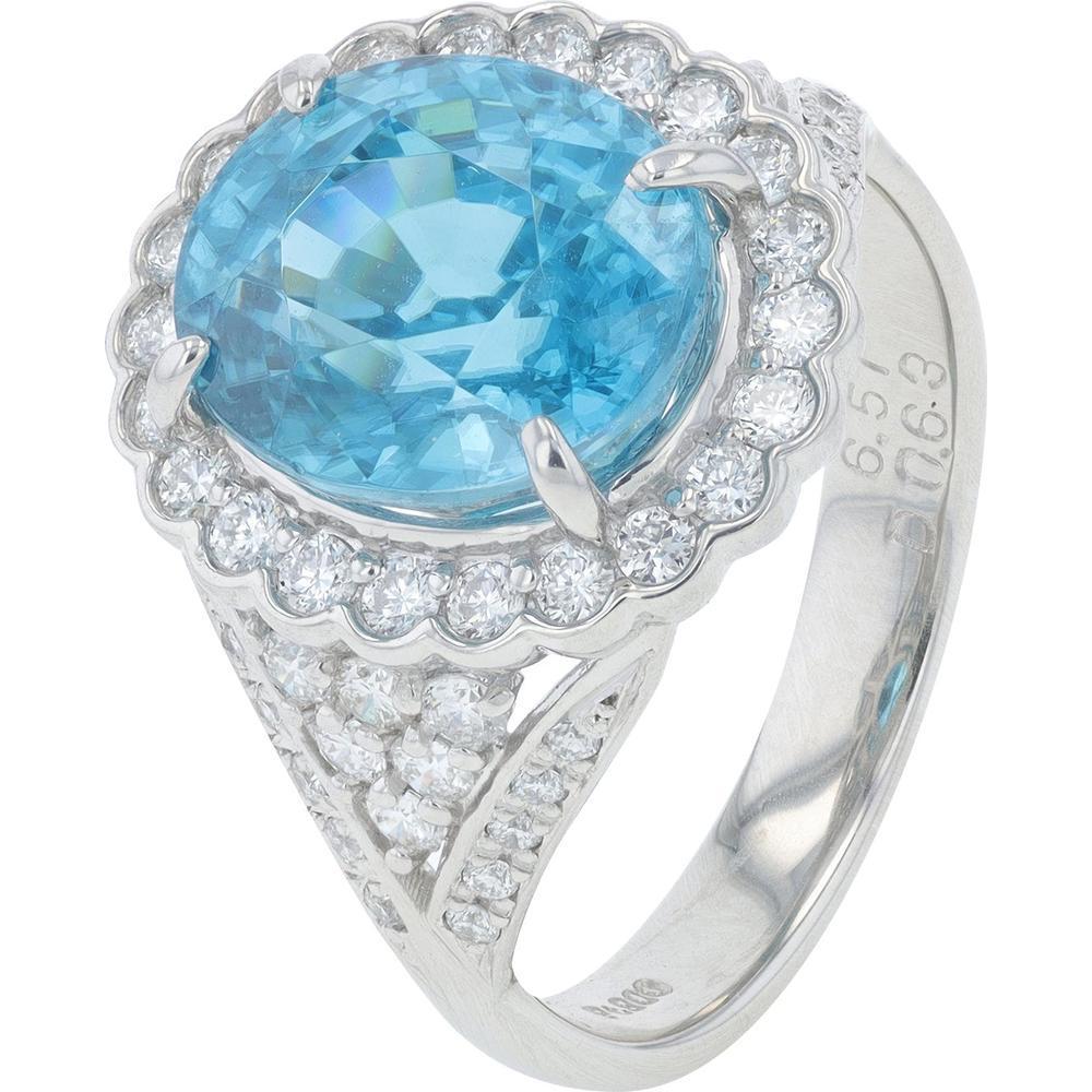 Vintage blue zircon ring with intricate filigree setting, showcasing the gemstone's brilliance and historical significance.