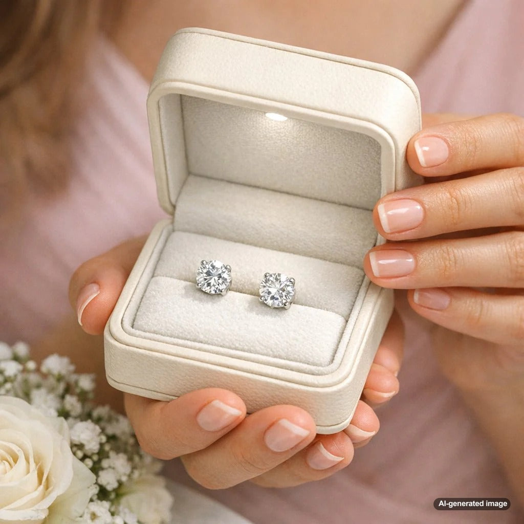 Bridesmaid wearing elegant stud earrings with a bridal party in the background at a wedding
