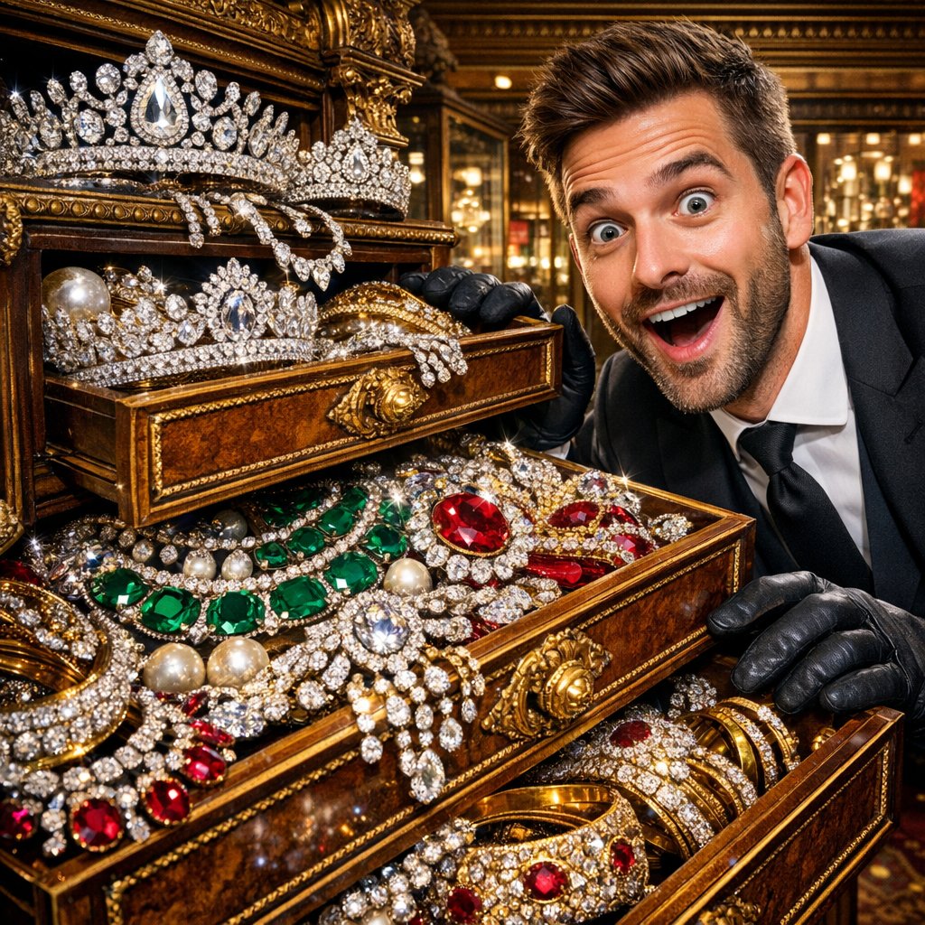 Opulent Romanov era jewels including tiaras, necklaces, and brooches set with diamonds and pearls on dark velvet