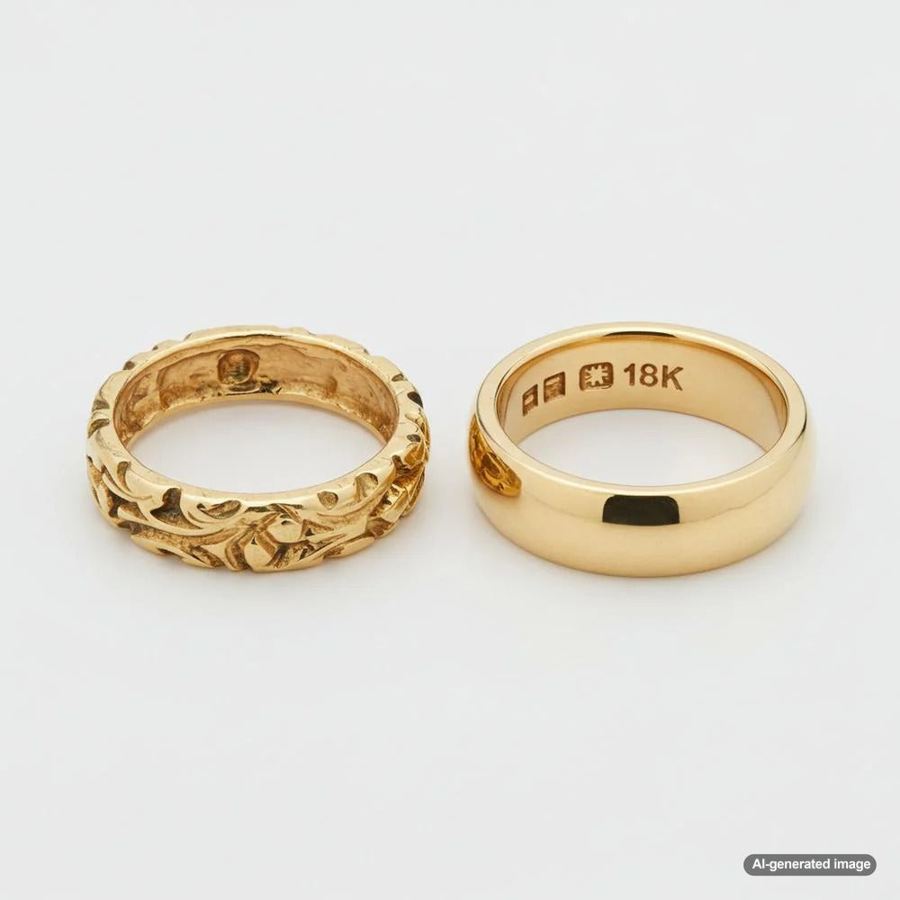 Close-up of unstamped gold jewelry with a magnifying glass