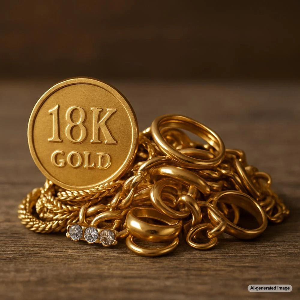 Elegant 18K gold jewelry pieces including rings, necklaces and bracelets displayed on velvet