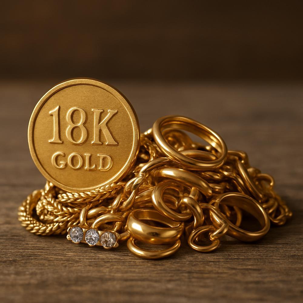 Elegant 18K gold jewelry pieces including rings, necklaces and bracelets displayed on velvet