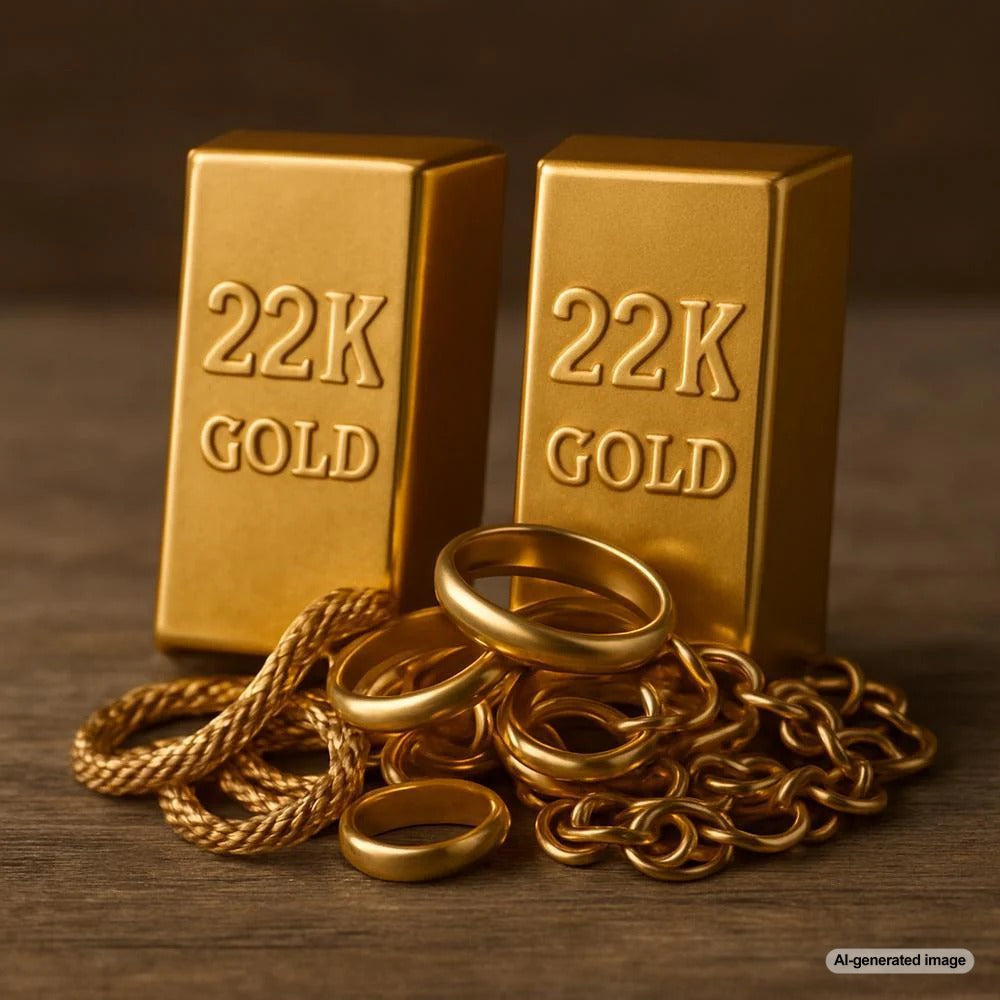 22K gold jewelry showcasing a necklace, bracelet, and ring on a velvet display