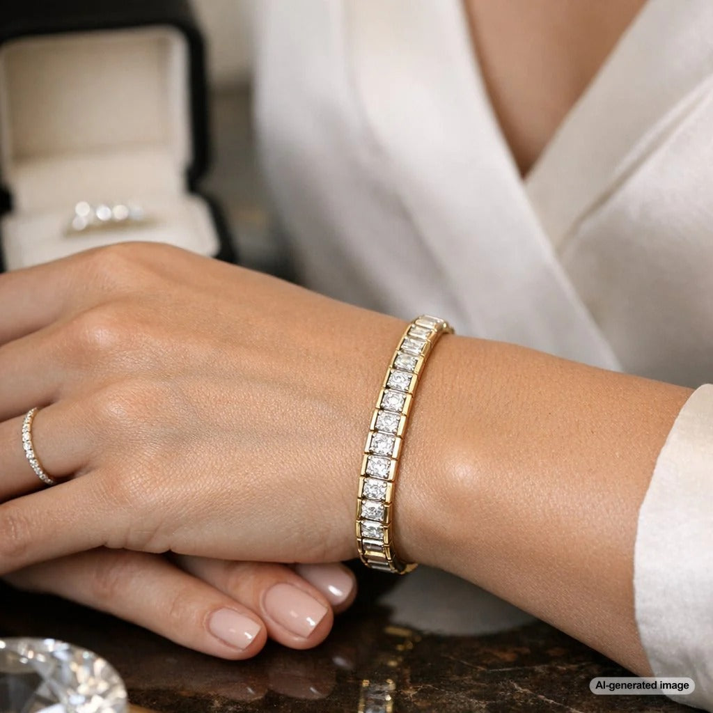 Close up of a stunning bar-set diamond band ring featuring a modern architectural design with diamonds held securely between vertical metal bars.
