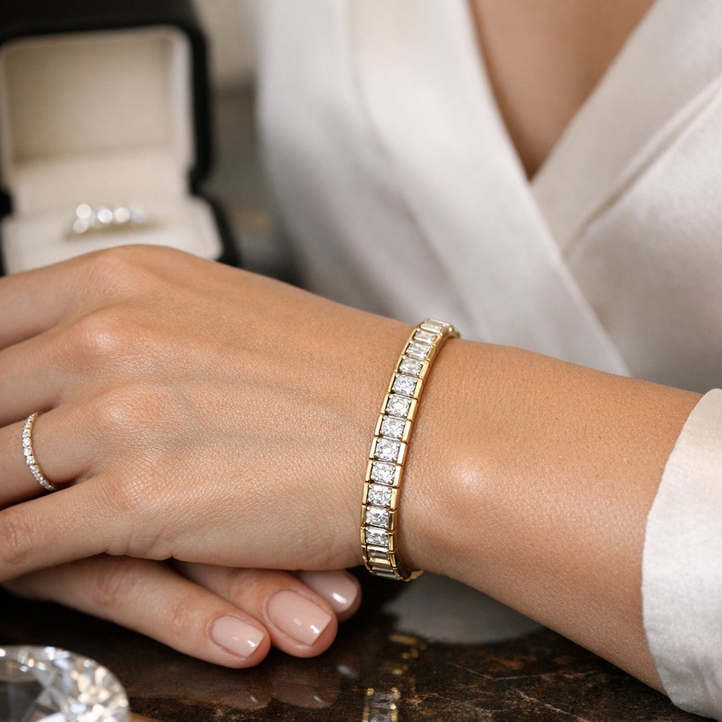 Close up of a stunning bar-set diamond band ring featuring a modern architectural design with diamonds held securely between vertical metal bars.