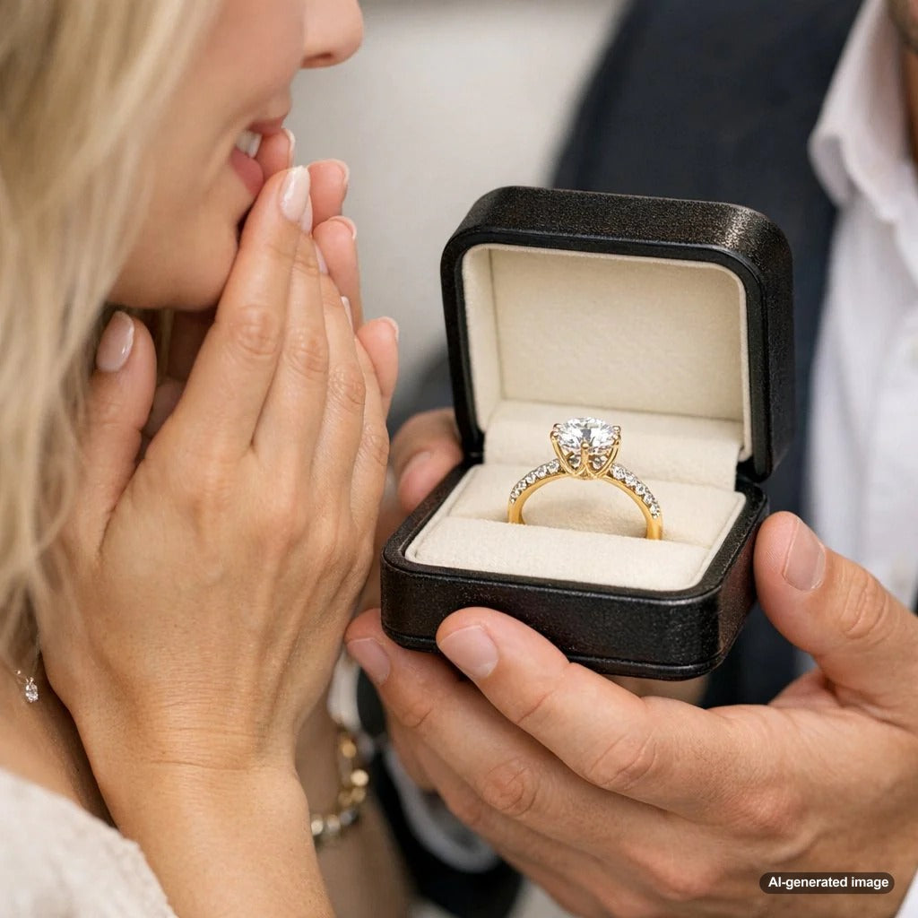 Close up of a stunning diamond ring featuring an elegant basket setting on a woman's finger, showcasing the open metalwork.