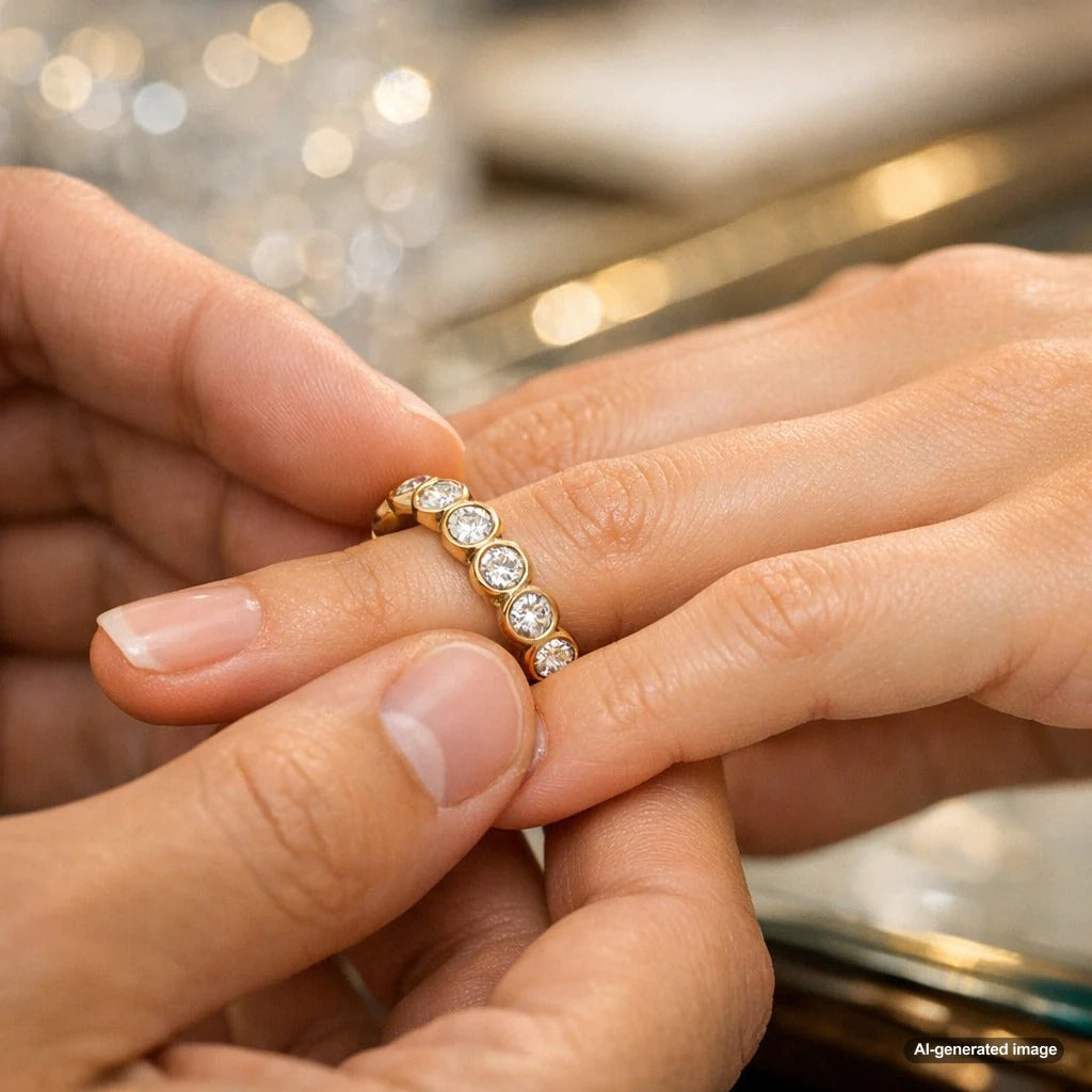 A stunning bezel-set diamond band ring featuring a round brilliant diamond securely encased in a smooth metal rim, shown on a hand for scale.