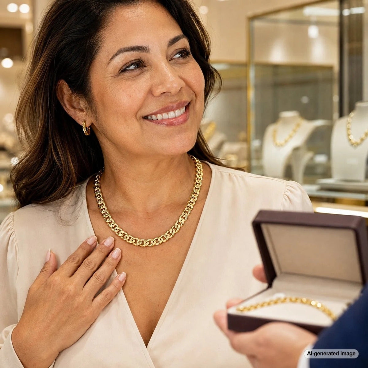 What Is a Bismarck Chain and How Should It Be Worn? A woman wearing a gold Bismarck chain necklace.