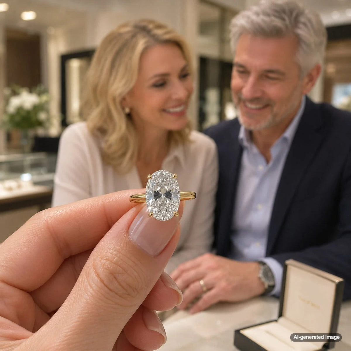 A close-up view of a fancy shape diamond, potentially an oval, with a visible bow tie shadow effect across its center.