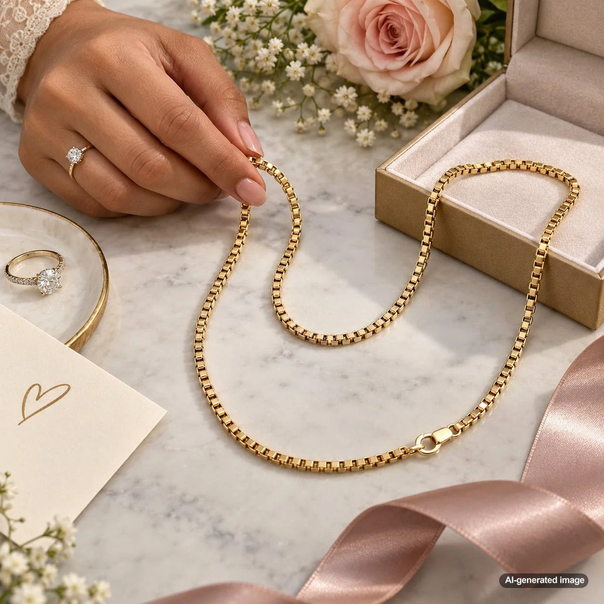 Close-up of a sleek box chain showing its durable square interlocking links