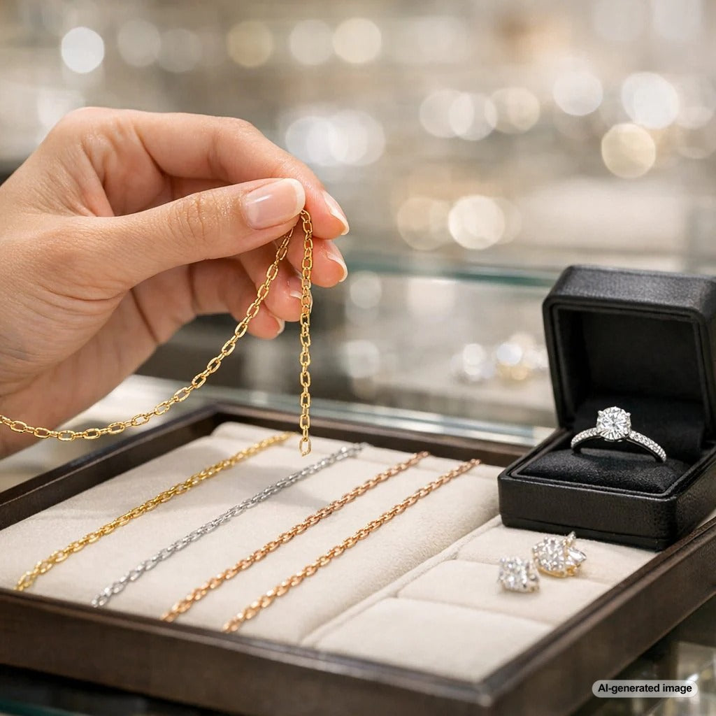 A woman smiling while holding a gold cable chain necklace up to her neck, showing its classic oval link design.