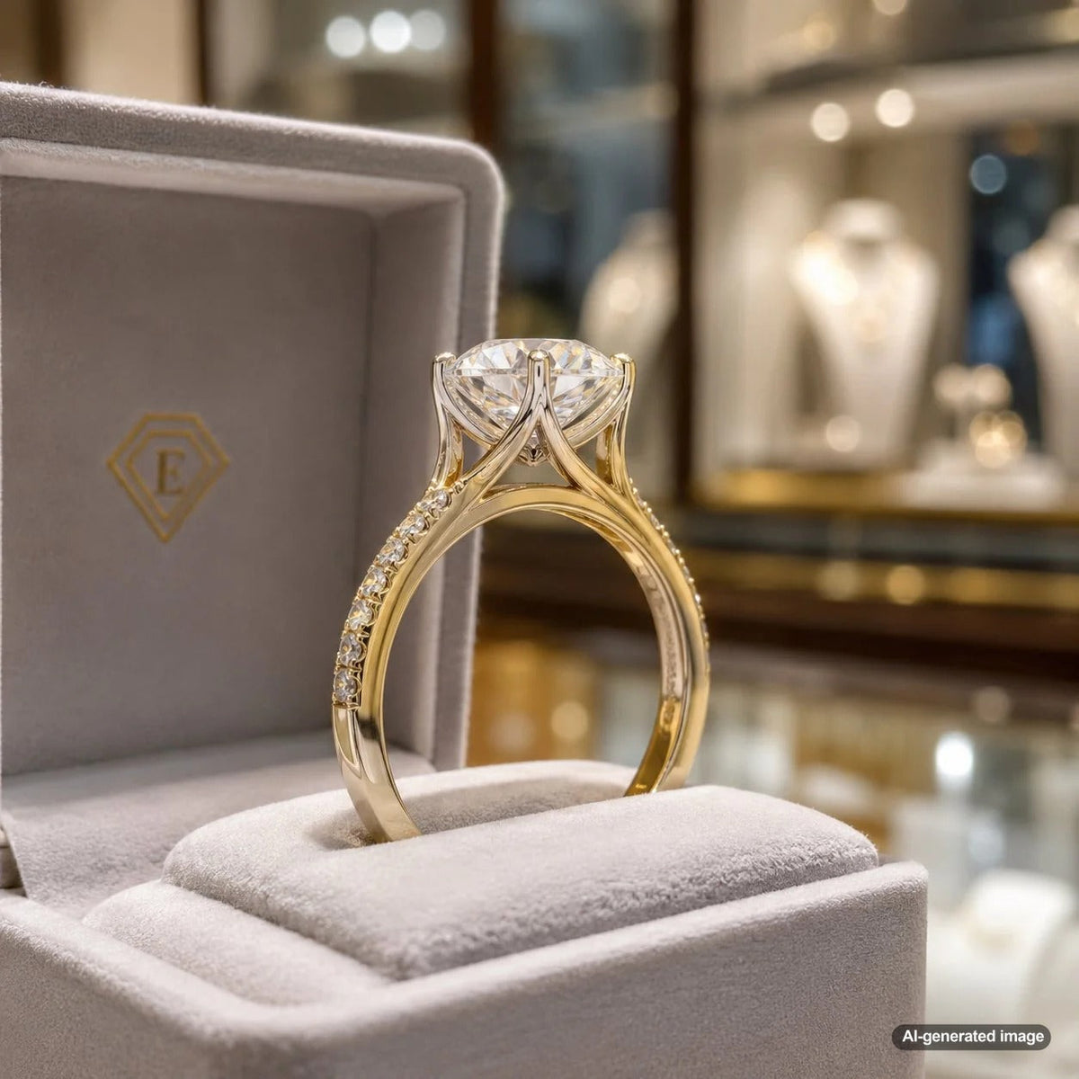 A stunning diamond engagement ring featuring a cathedral setting with elegant sweeping metal arches side profile.
