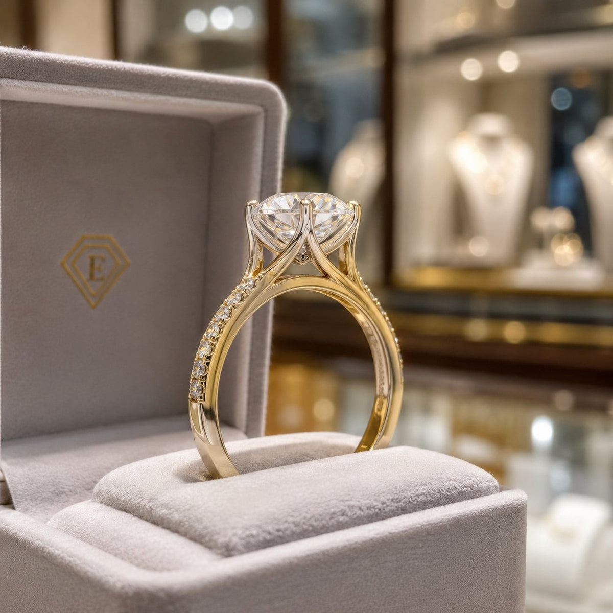 A stunning diamond engagement ring featuring a cathedral setting with elegant sweeping metal arches side profile.