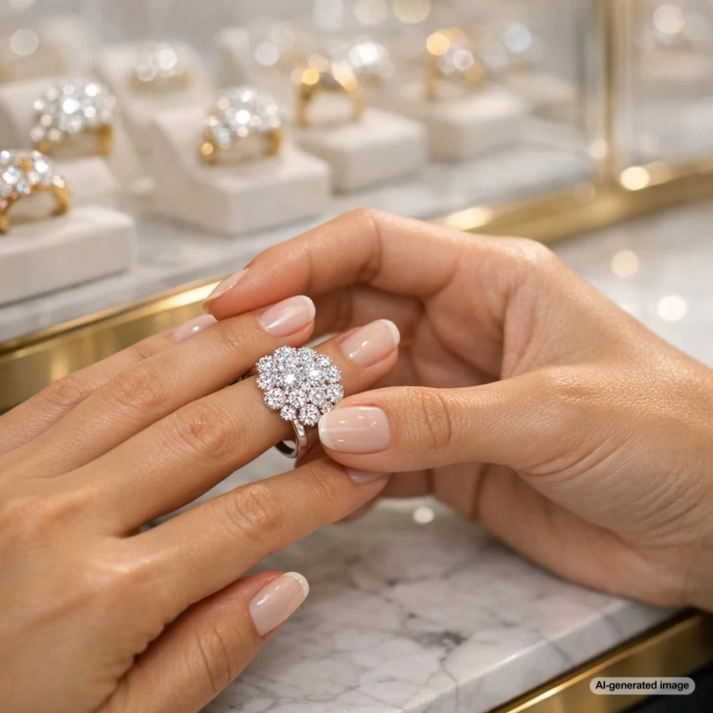 A close-up photograph of a stunning diamond cluster ring, featuring multiple brilliant stones set in a floral pattern on a gold band.
