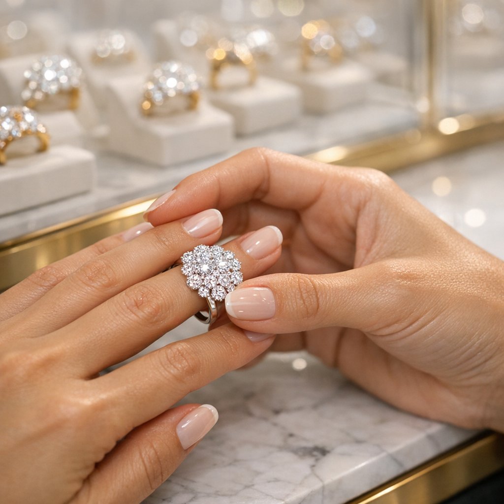 A close-up photograph of a stunning diamond cluster ring, featuring multiple brilliant stones set in a floral pattern on a gold band.