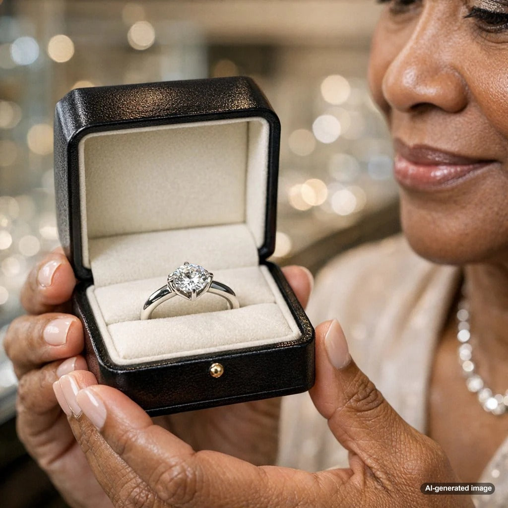 Close up of a stunning compass set diamond ring featuring four prongs aligned with north, south, east, and west cardinal points on a gold band.