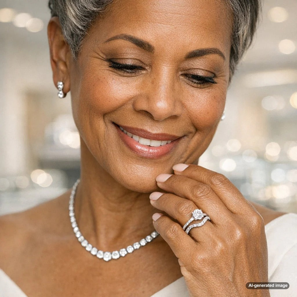 Stack of curved and contour wedding bands showcasing seamless fit around engagement ring settings