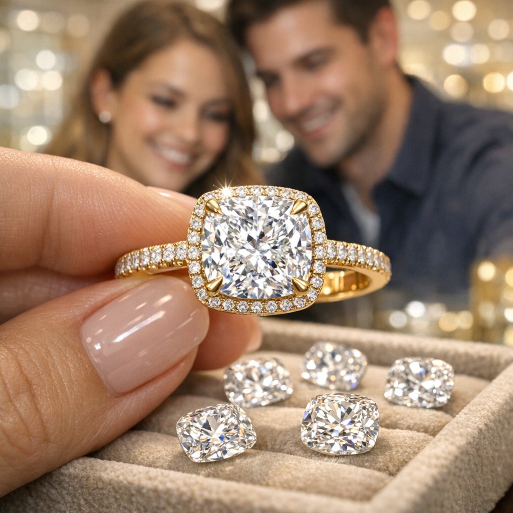 Close-up comparison of a classic cushion cut diamond versus a crushed ice cushion cut diamond, showcasing their different facet patterns and sparkle effects.