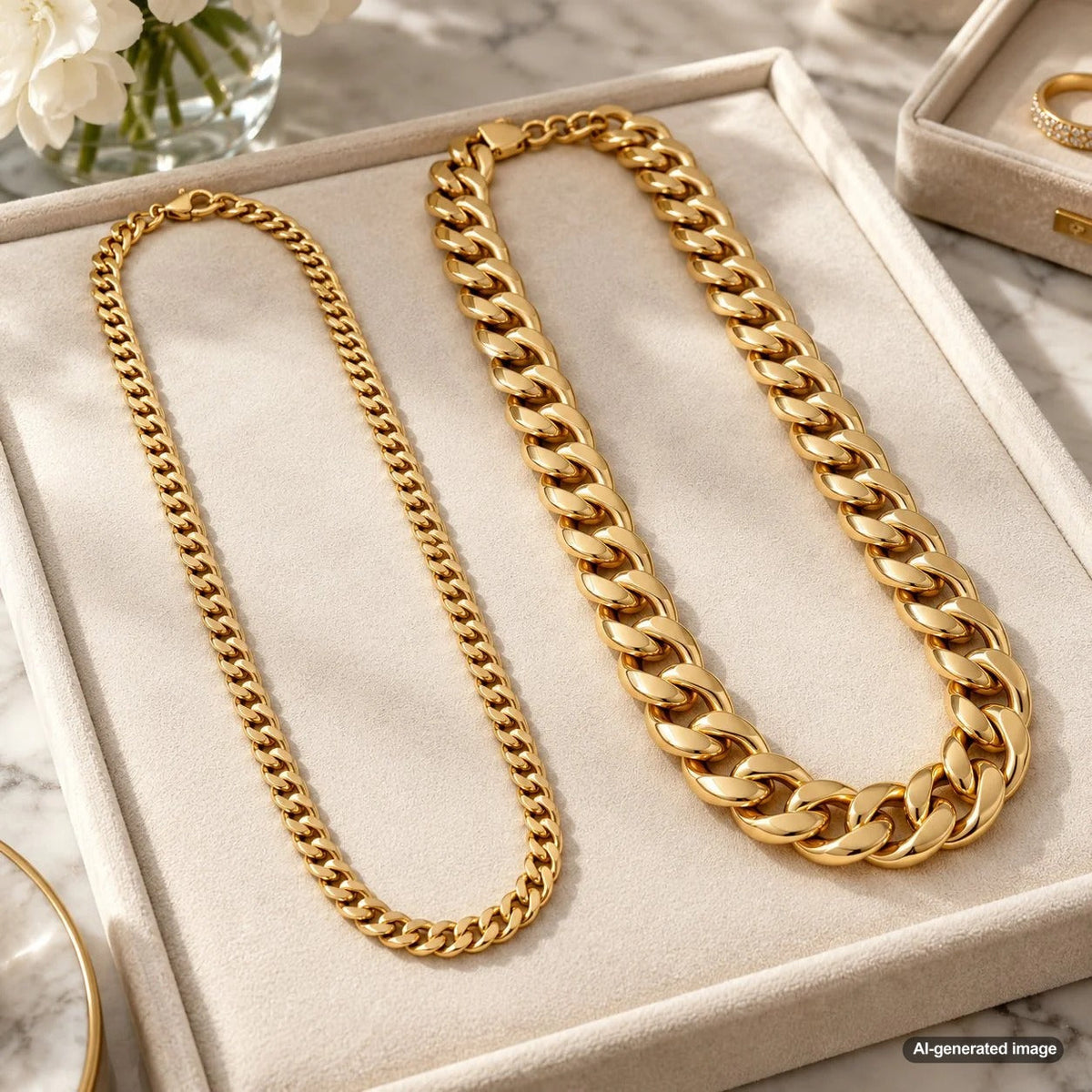 Close-up comparison of a classic curb chain and a bold Cuban link chain showing their different link shapes and profiles