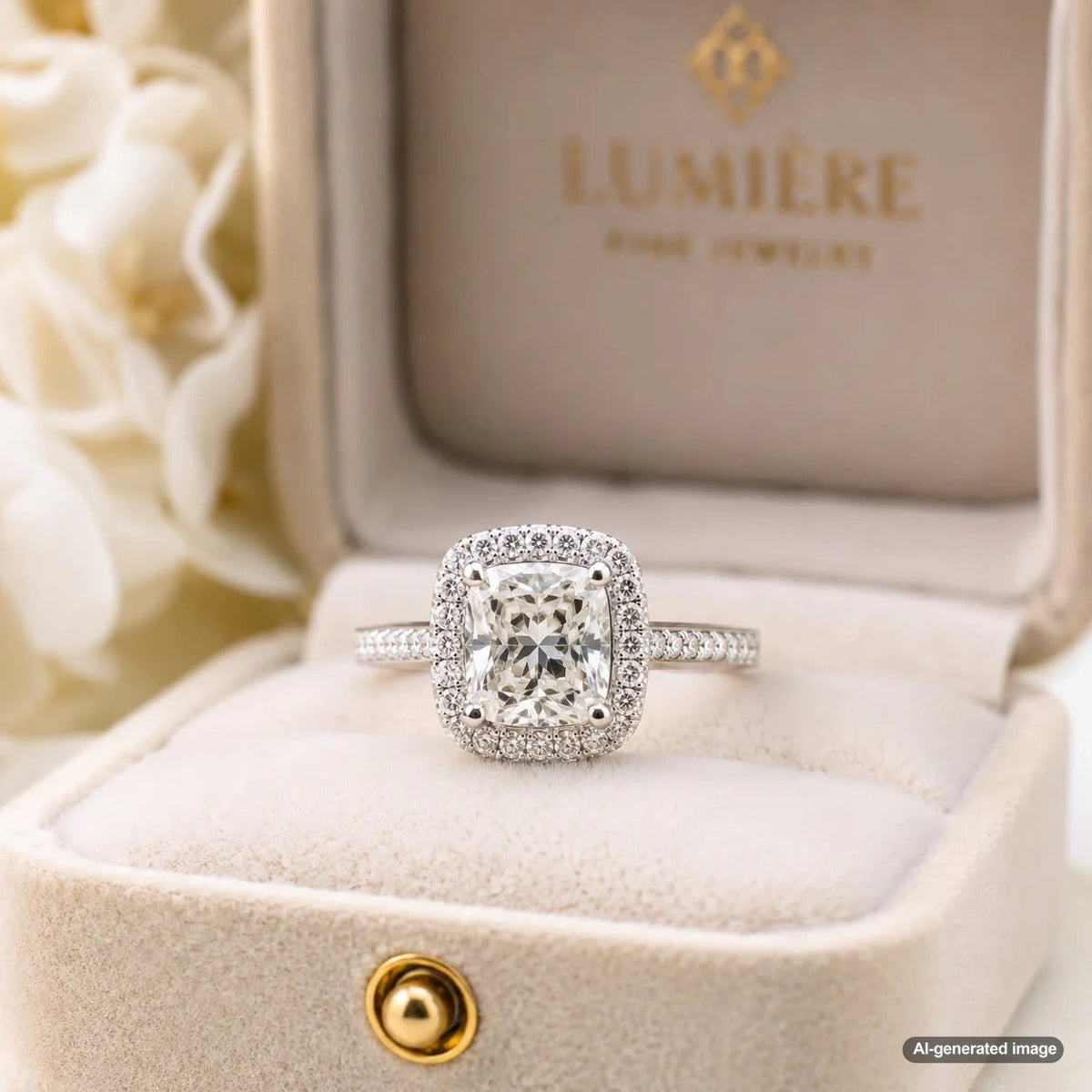 Close up of a stunning cushion cut halo engagement ring with a sparkling diamond center and diamond halo at Robinson's Jewelers