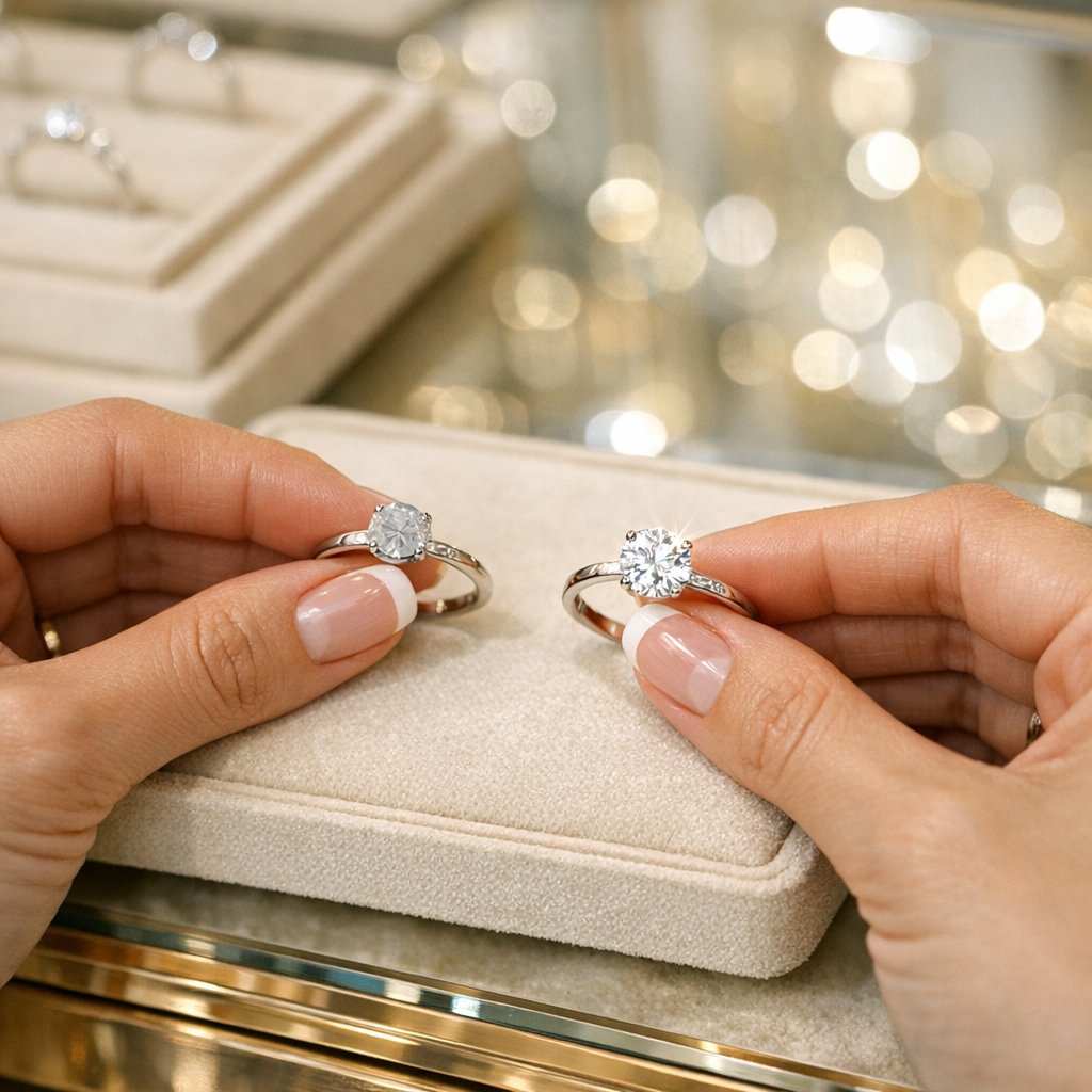 Close-up comparison of a diamond ring in a dead closed setting versus an open brilliant setting at Robinson's Jewelers