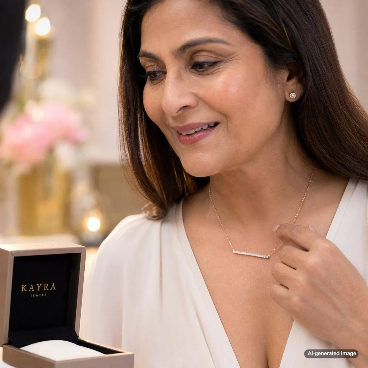 A stunning diamond bar necklace displayed on a velvet bust, showcasing its elegant and versatile design.
