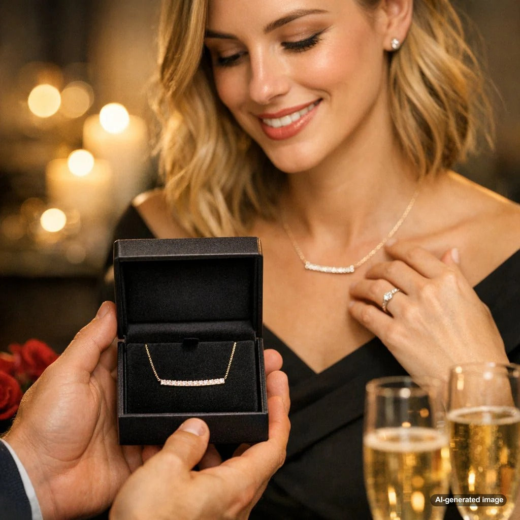 A delicate diamond bar necklace showcased on a model's neckline, highlighting its minimalist and elegant design.